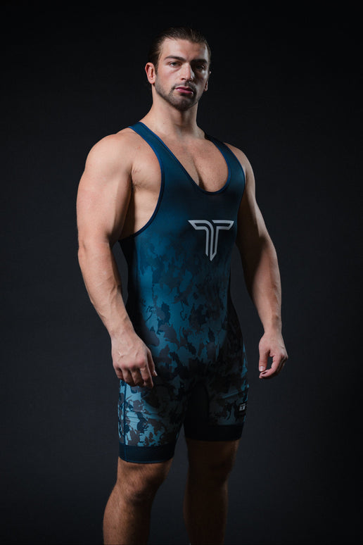 Particle Camo Blue Wrestling Singlet