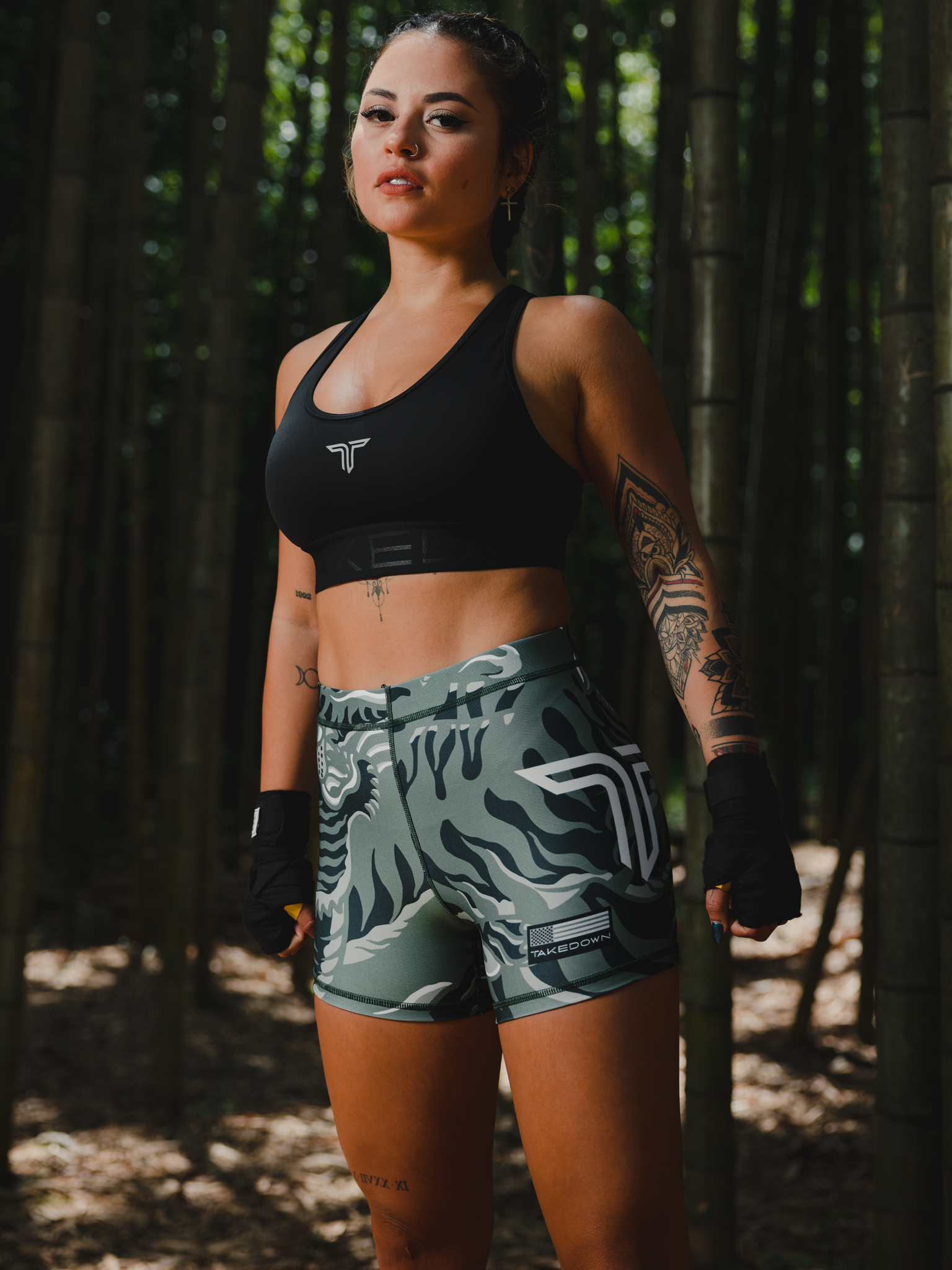 'Tiger Fight' Women's Compression Shorts - Moss Green (4" Inseam)
