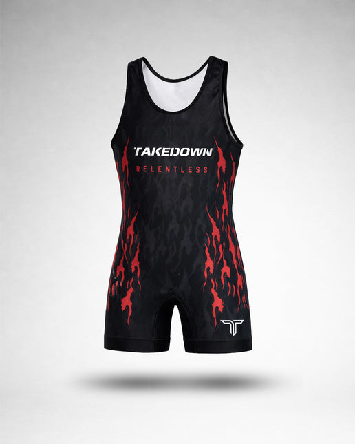 Relentless Flames Wrestling Singlet - Red