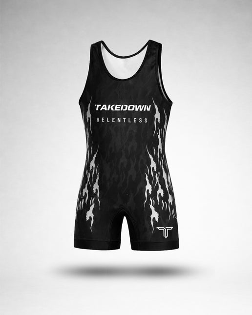 Relentless Flames Wrestling Singlet - White