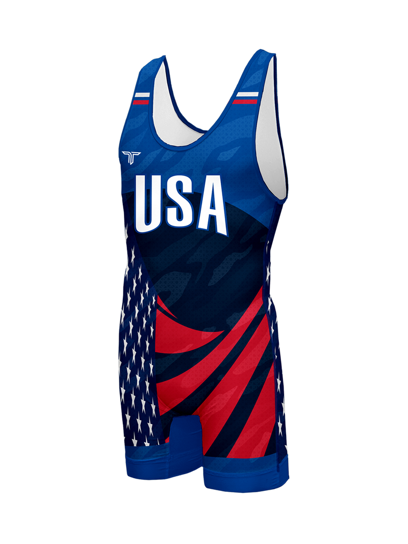 USA Waving Flag Wrestling Singlet - Blue