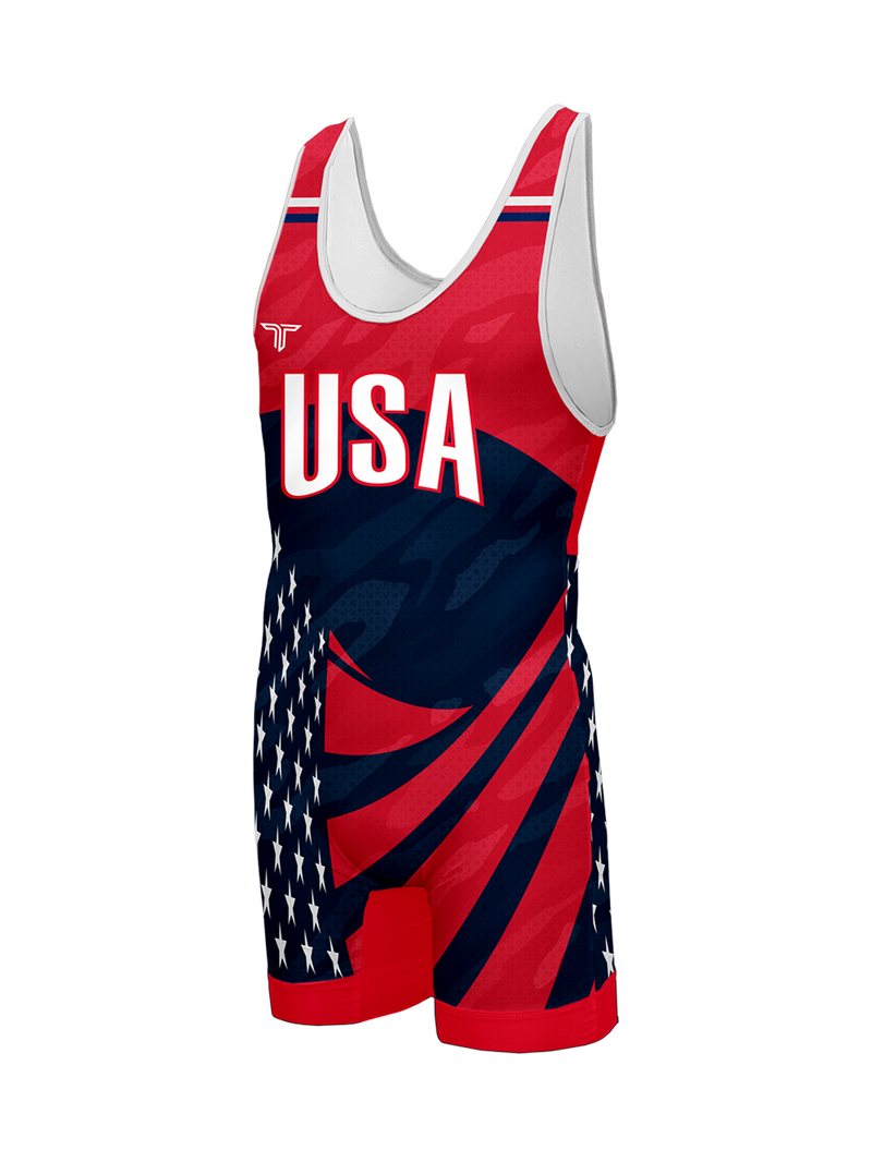 USA Waving Flag Wrestling Singlet - Red
