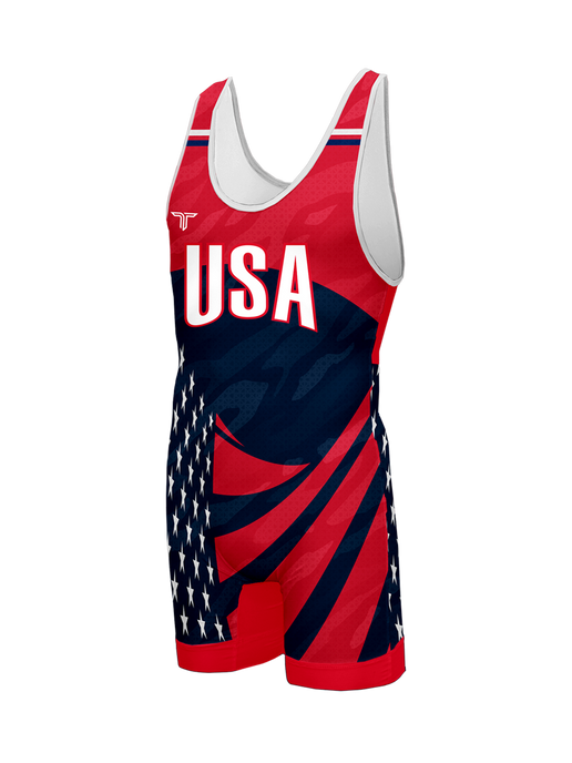 USA Waving Flag Wrestling Singlet - Red